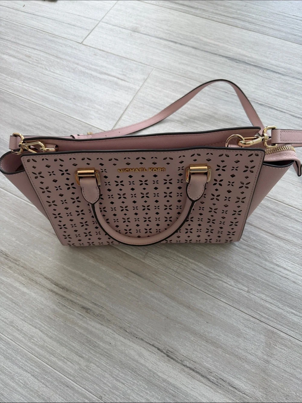 Michael Kors Pink Laser-Cut Satchel with Gold Hardware
